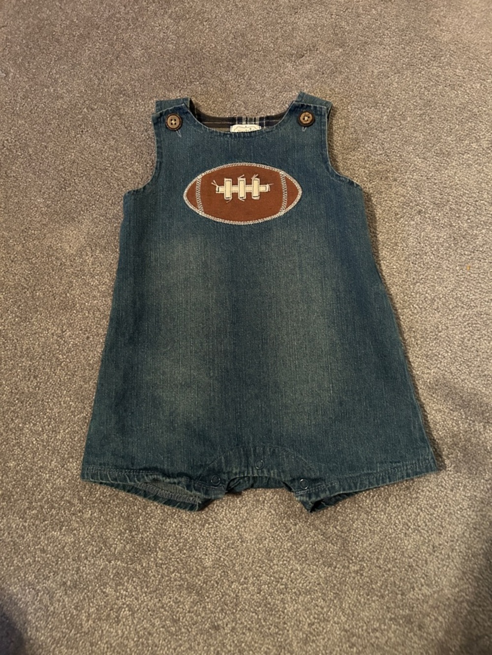 Mud Pie Blue Denim Baby Romper with Plaid Lining